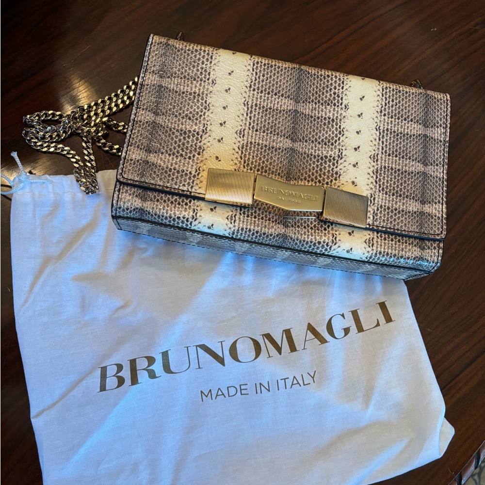 Bruno Magli Snake-Embossed Crossbody in Beige and Brown with Gold Hardware